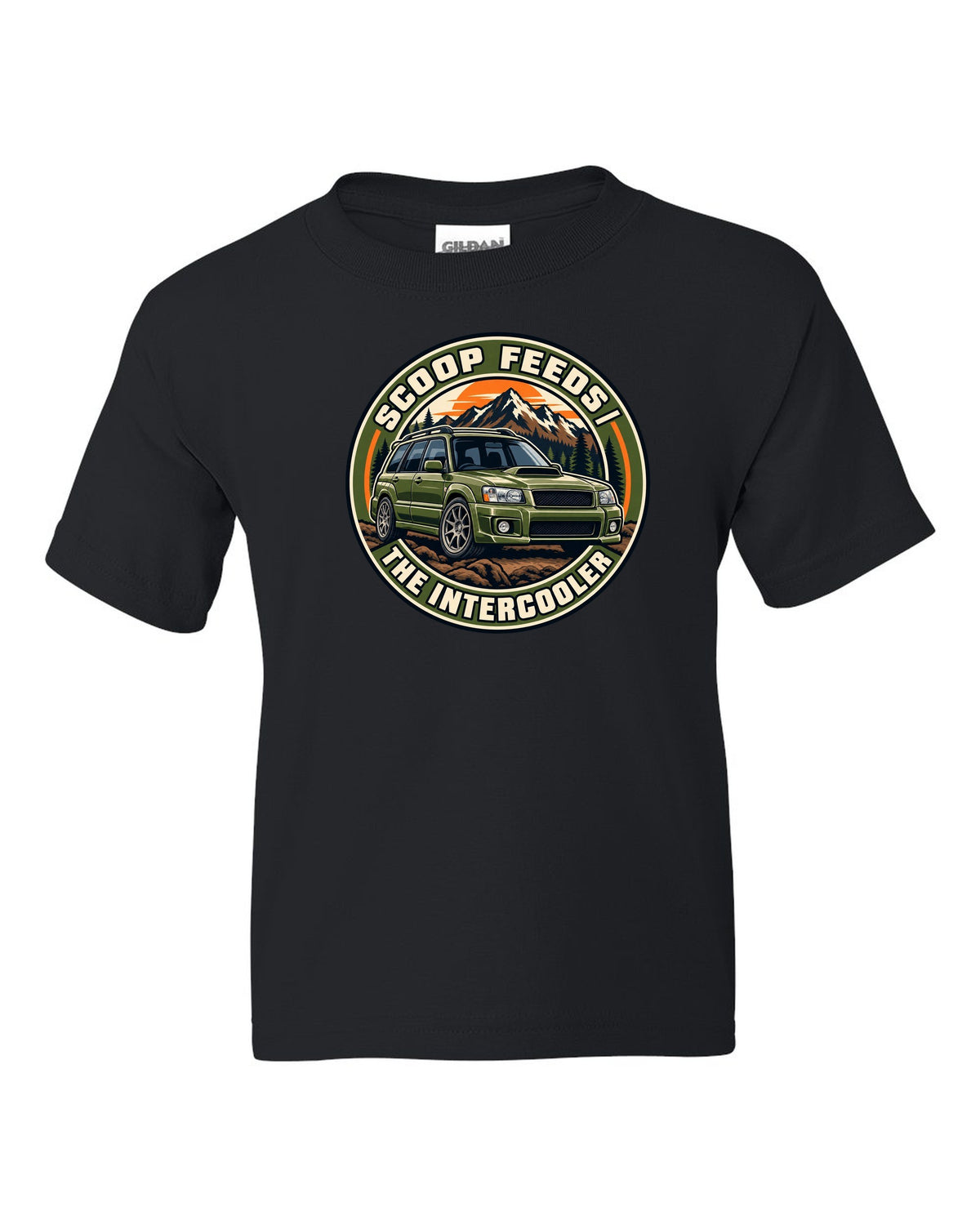 Round embroidered-style crest for a Subaru Forester SG9 about the hood scoop feeding the intercooler black kids tee front view with the design