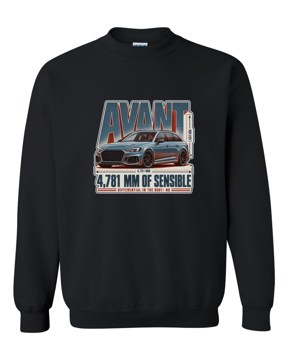 Audi RS4 Avant B9 halftone statement print with wagon text black crewneck front view with the design
