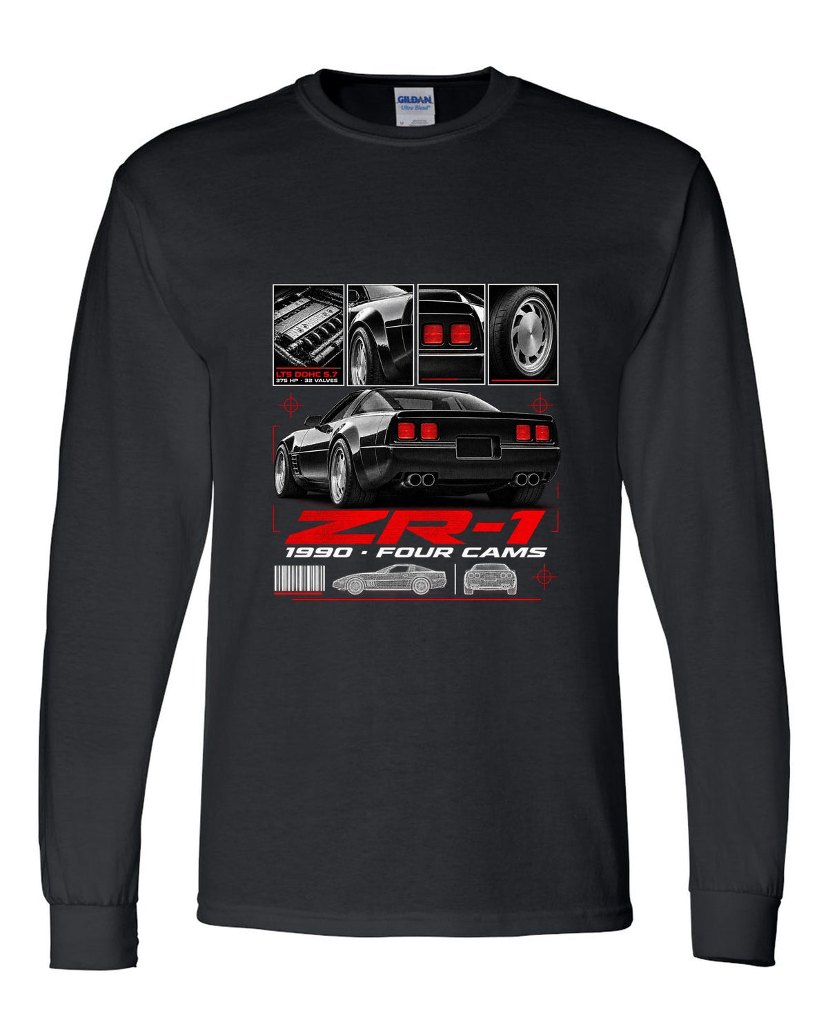 Chevrolet Corvette C4 ZR-1 1990 LT5 dossier print wide rear black long sleeve front view with the design