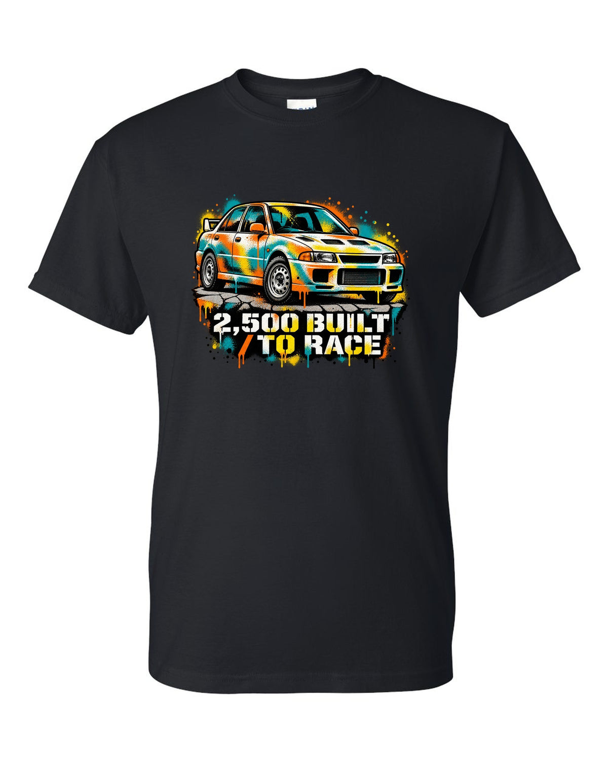Spray-paint stencil of a Mitsubishi Lancer Evolution I CD9A with 2,500 built text black t-shirt front view with the design