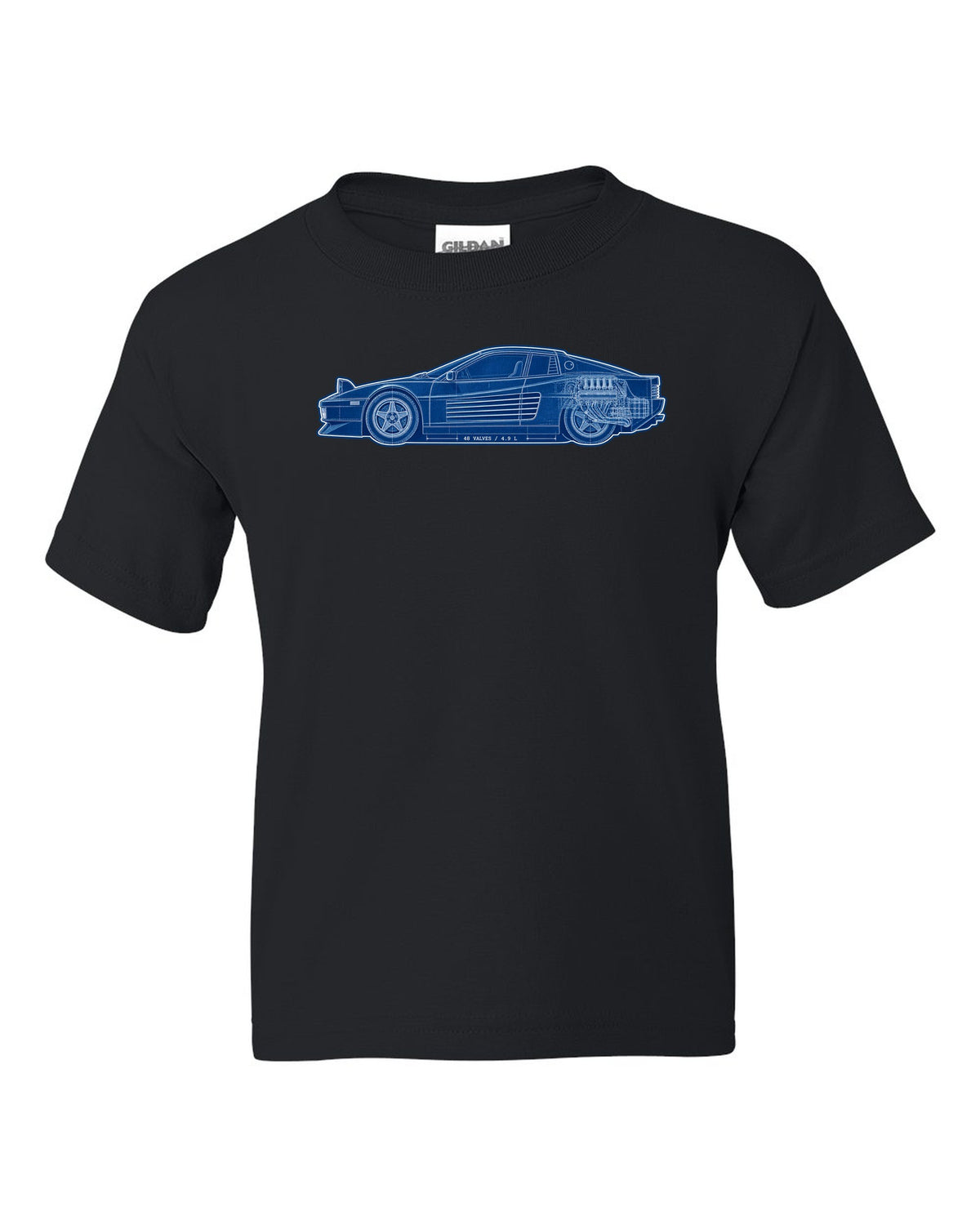 Cyanotype blueprint style print of the Ferrari Testarossa F110 with the text 48 valves, 4.9 L black kids tee front view with the design