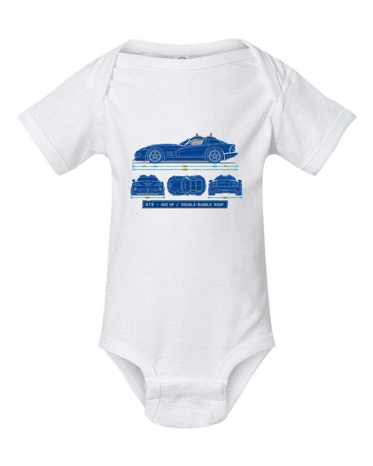 Cyanotype blueprint print of a 1996 Dodge Viper GTS SR II with double-bubble roof text white baby onesie front view with the design