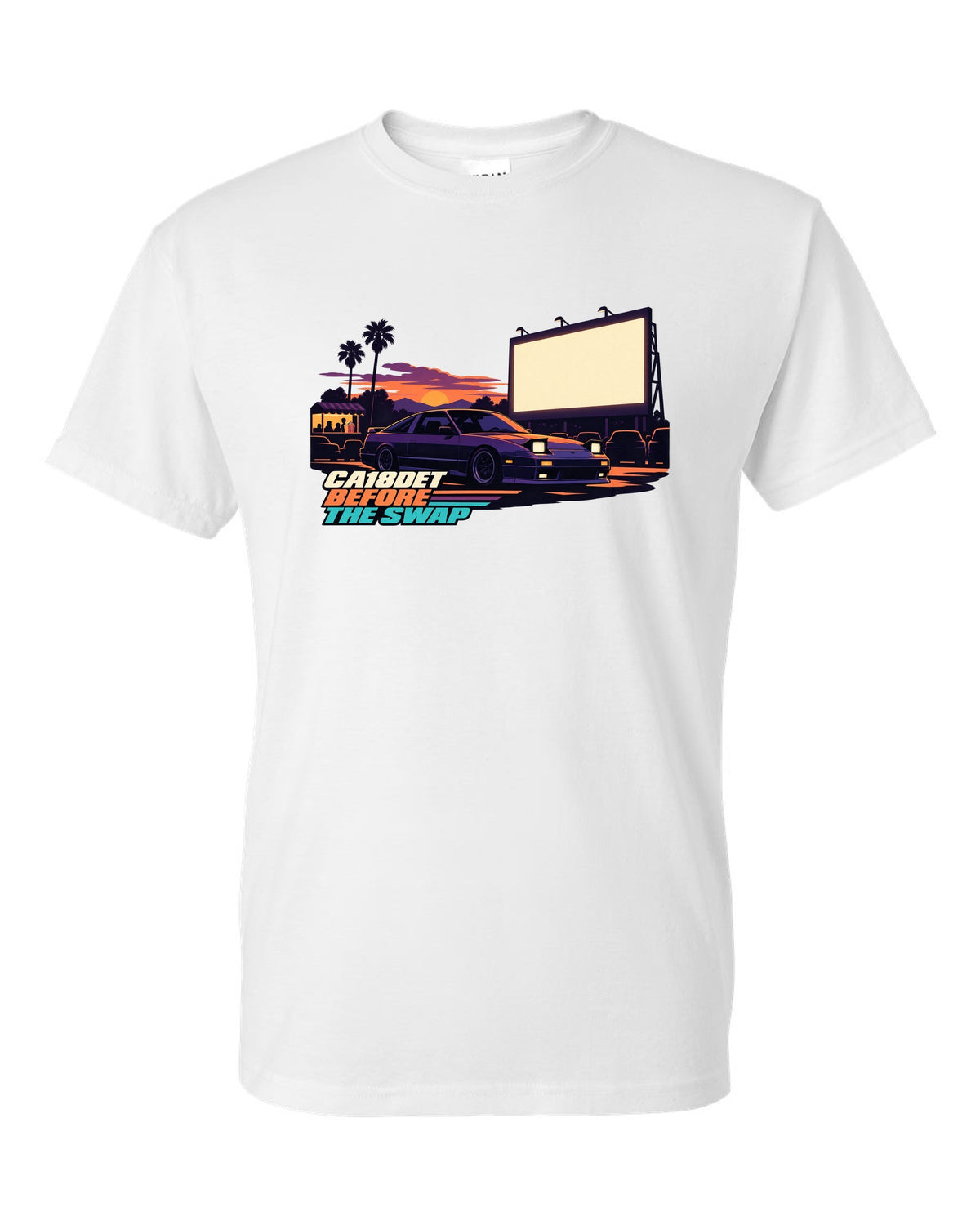 Flat vector drive-in print of a Nissan 180SX S13 with CA18DET before the swap lettering white t-shirt front view with the design