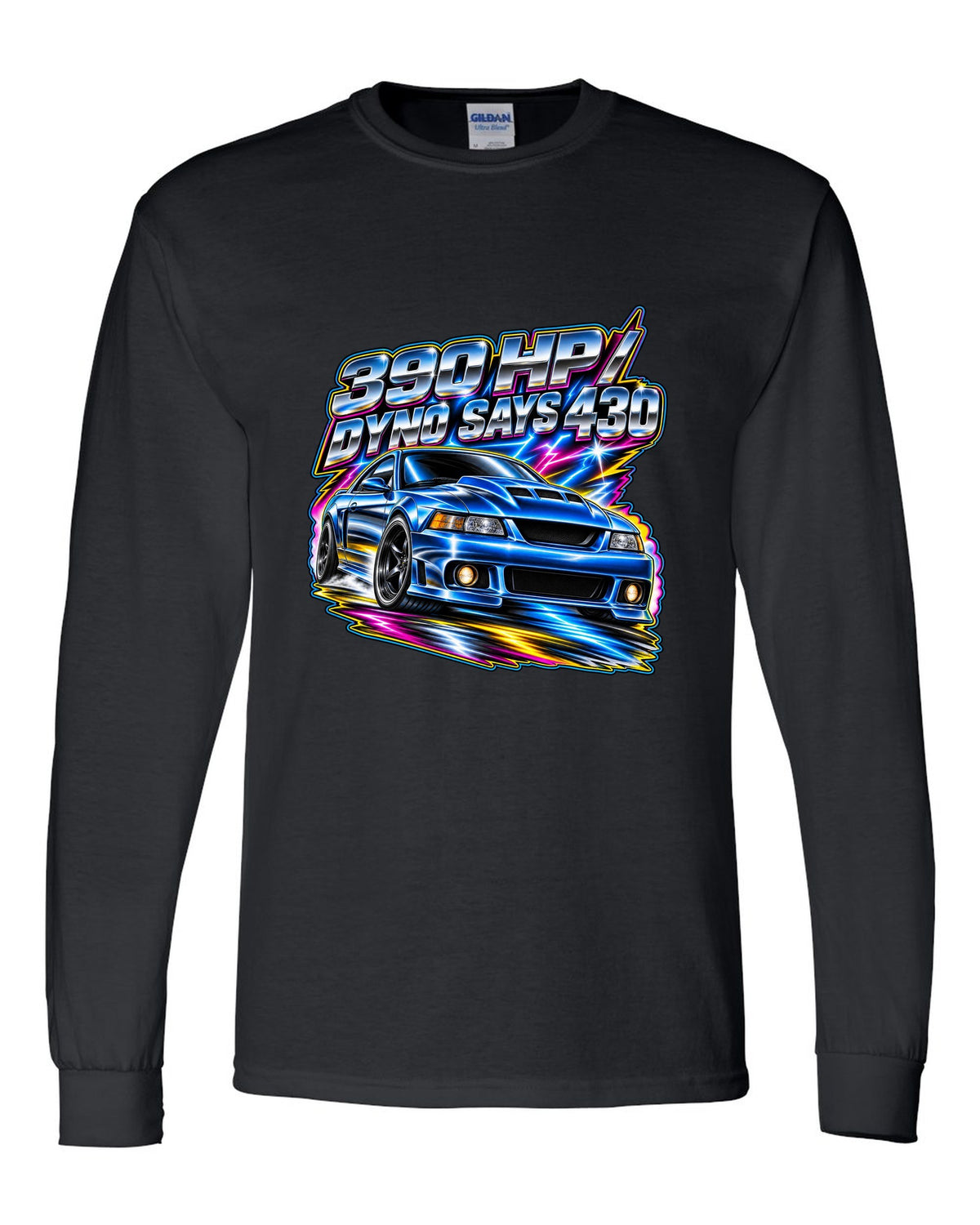 80s airbrush chrome 2003 supercharged Ford Mustang coupe with 390 HP text black long sleeve front view with the design