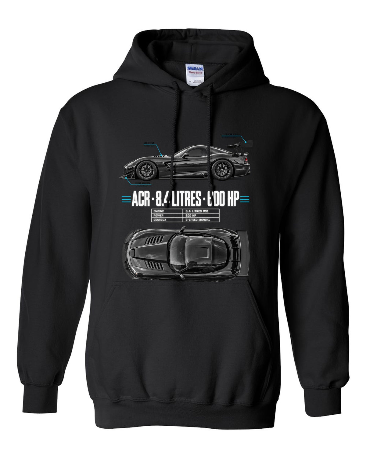 2008 Dodge Viper ACR ZB II top-down and profile spec poster print black pull over hoodie front view with the design