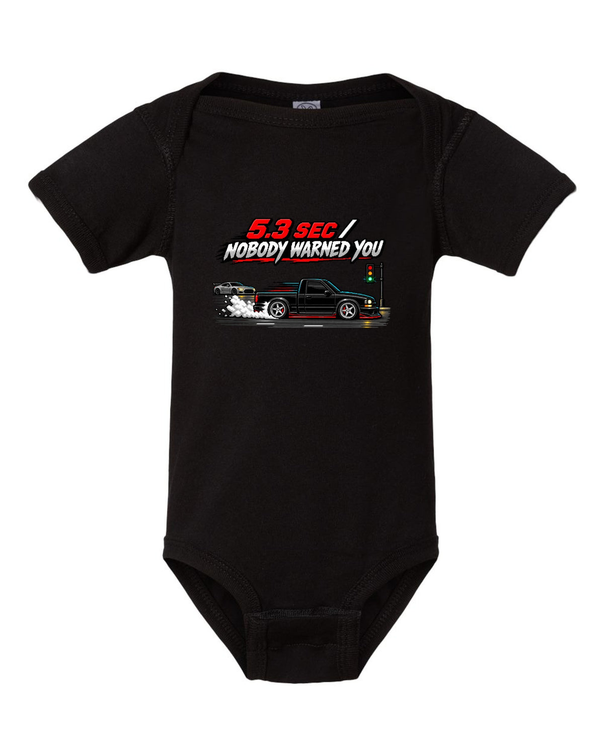 16-bit pixel art of a 1991 GMC Syclone launching with 5.3 SEC / NOBODY WARNED YOU text black baby onesie front view with the design