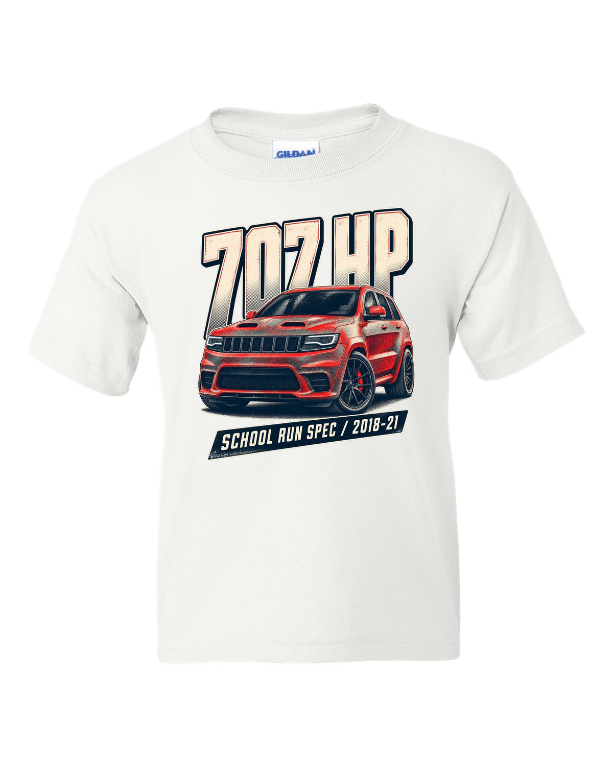 Halftone print of the Jeep Grand Cherokee Trackhawk WK2 with 707 HP lettering white kids tee front view with the design