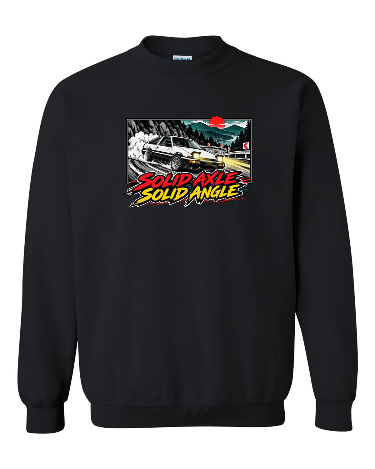 Retro manga halftone panel of a Toyota AE86 Sprinter Trueno drifting downhill black crewneck front view with the design