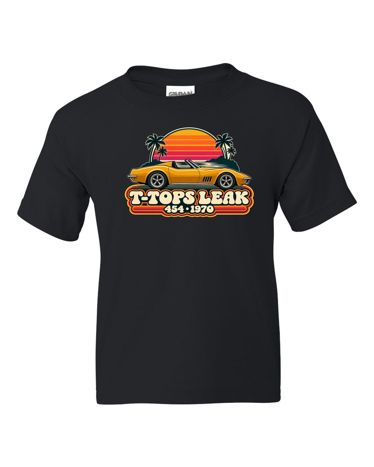 Vintage 70s sunset stripe print of a 1970 Corvette C3 Stingray reading T-Tops Leak 454 black kids tee front view with the design