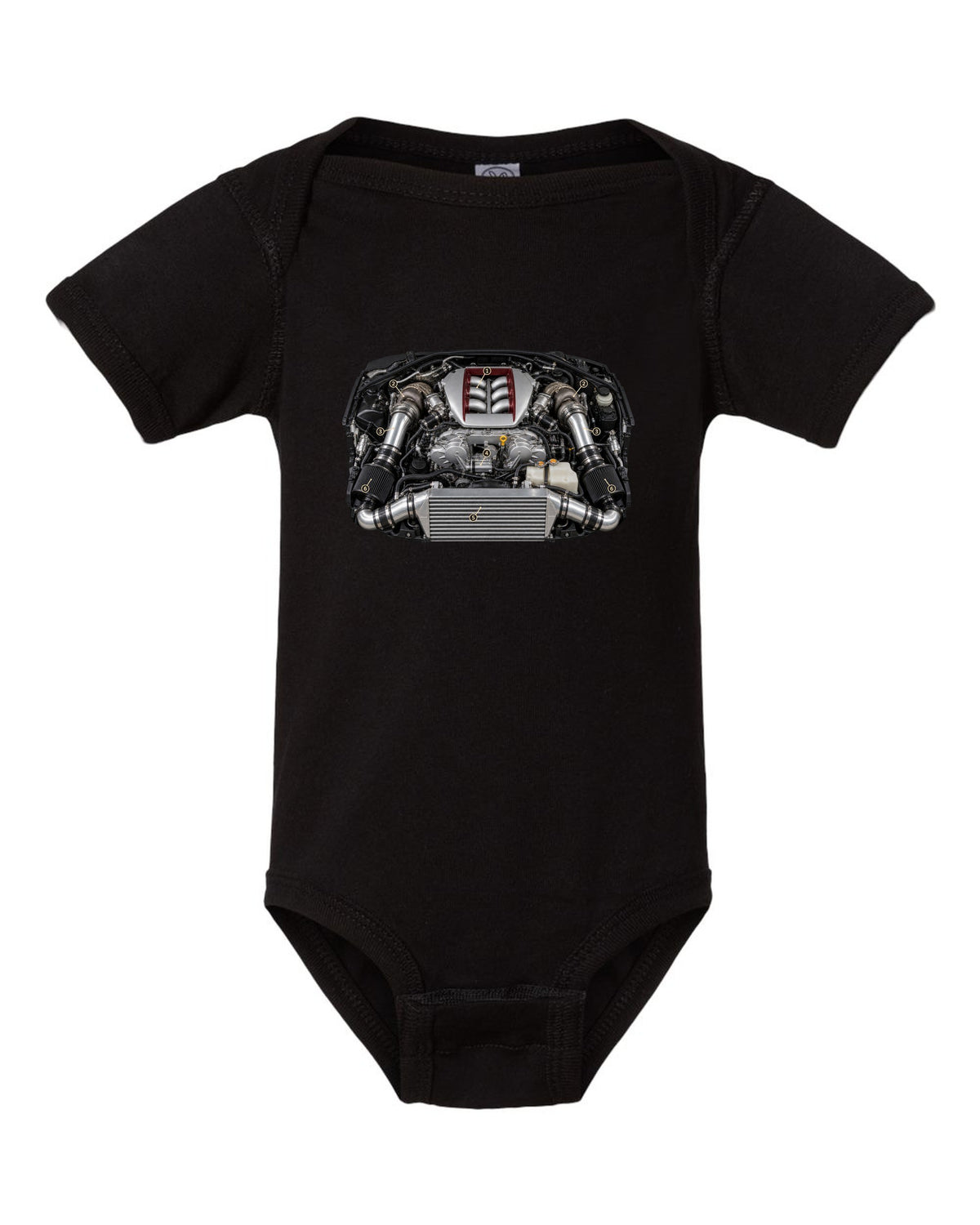 Nissan GT-R R35 early VR38DETT engine poster-style drawing black baby onesie front view with the design