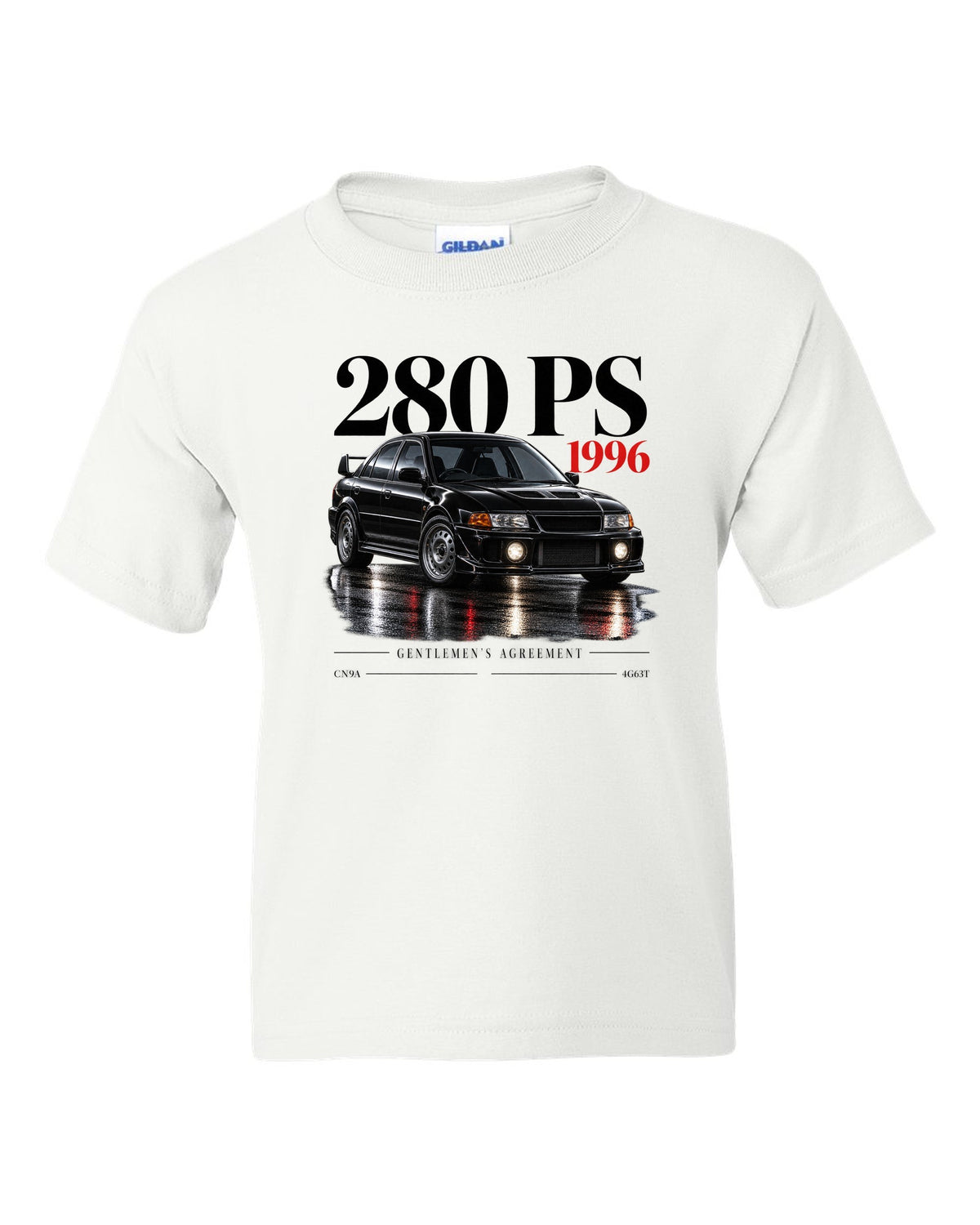 Editorial headline print for the Mitsubishi Lancer Evolution IV CN9A reading 280 PS, 1996, Gentlemen's Agreement, 4G63T white kids tee front view with the design