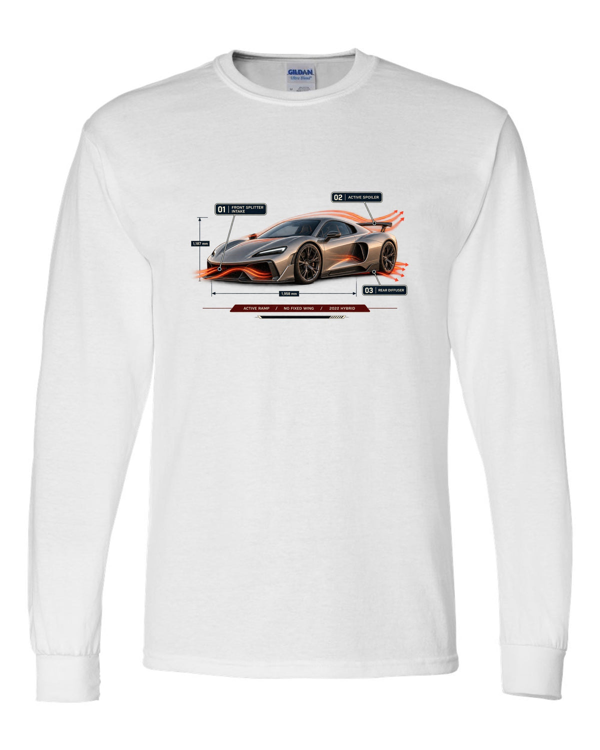 Ferrari 296 GTB aero callout print with active ramp and no fixed wing white long sleeve front view with the design