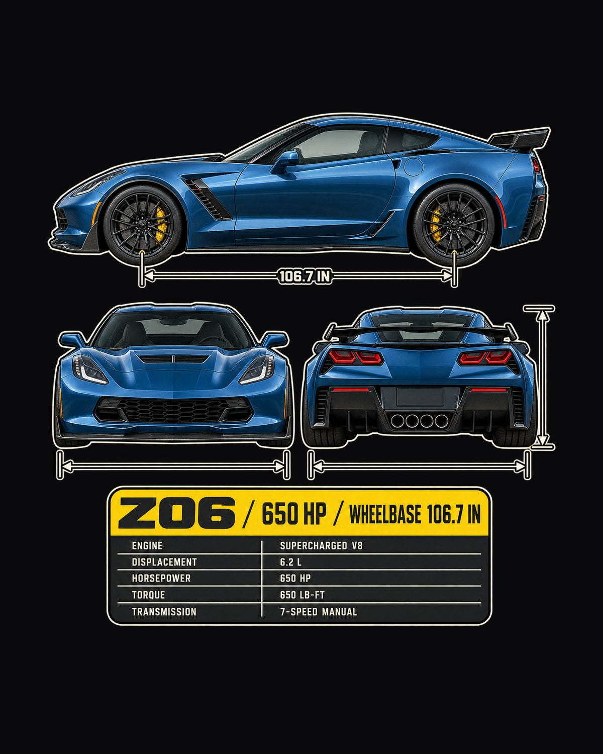 Corvette C7 Z06 Three-View Spec Table Shirt, Car Guy Gift design only