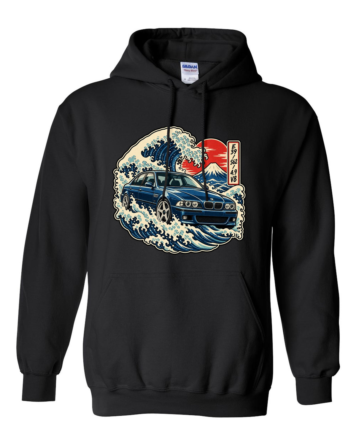 Comic halftone pop-art print of a BMW M5 E39 with one more bolt caption black pull over hoodie front view with the design