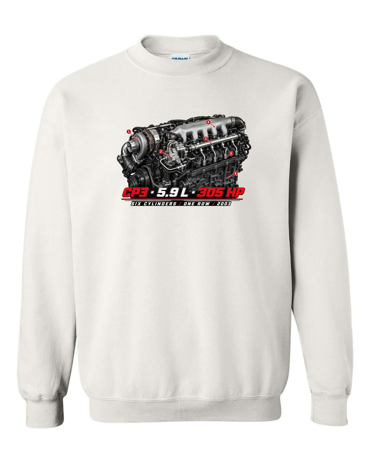 Engine hero print of a 5.9 L inline-six common rail turbo diesel with CP3, 5.9 L, 305 HP white crewneck front view with the design