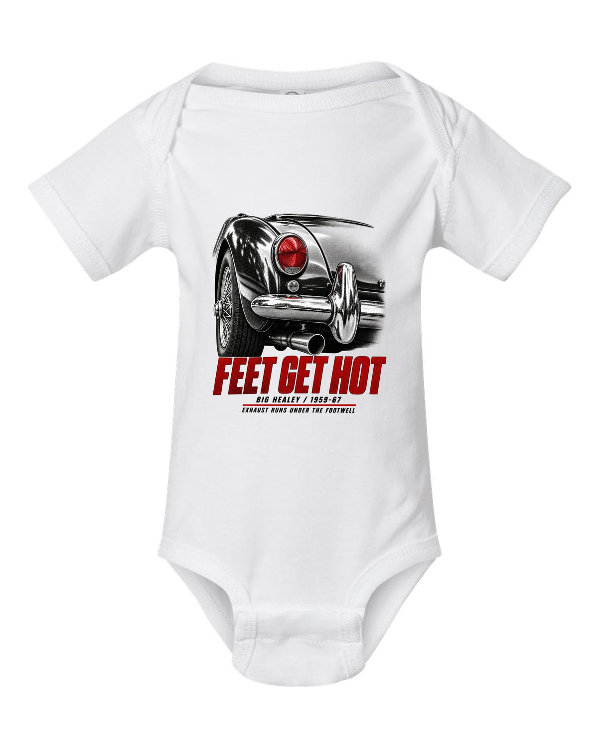 print of the rear taillight of a 1966 Austin-Healey 3000 Mk III BJ8 with hot feet lettering white baby onesie front view with the design