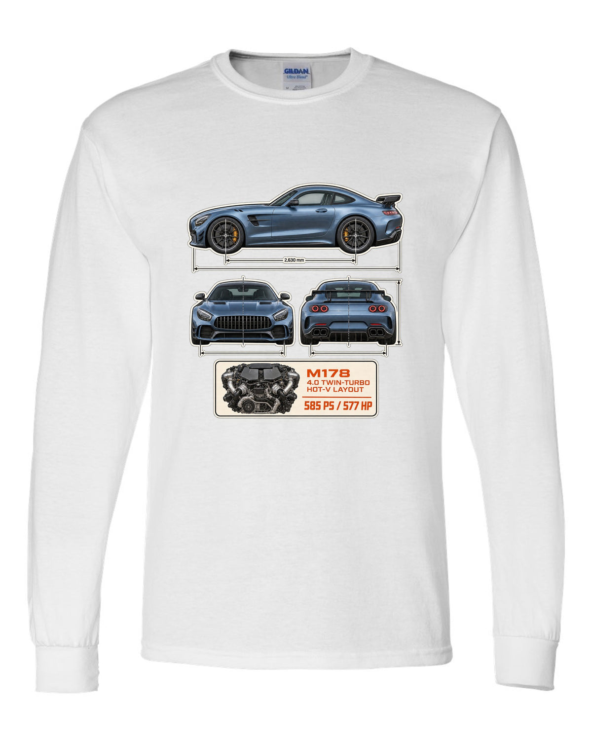 Mercedes-AMG GT R C190 dimension blueprint print white long sleeve front view with the design
