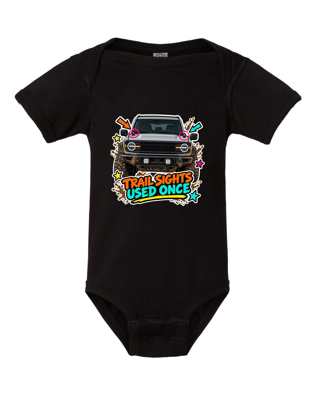 Sticker-bomb collage of a 2021 Ford Bronco with trail sights and USED ONCE lettering black baby onesie front view with the design