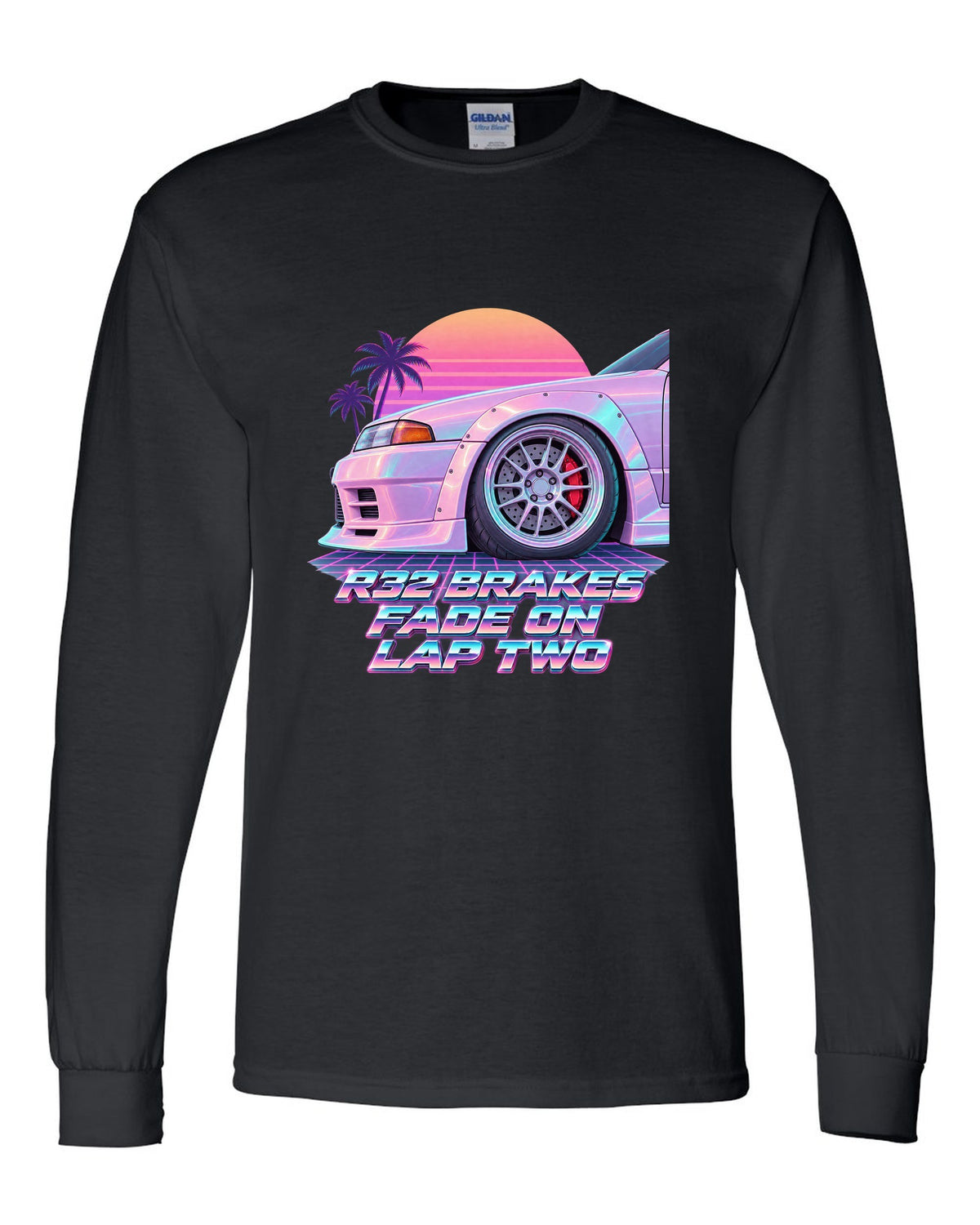 Vaporwave pastel print of a brake wheel with Nissan Skyline GT-R BNR32 brake fade lettering black long sleeve front view with the design