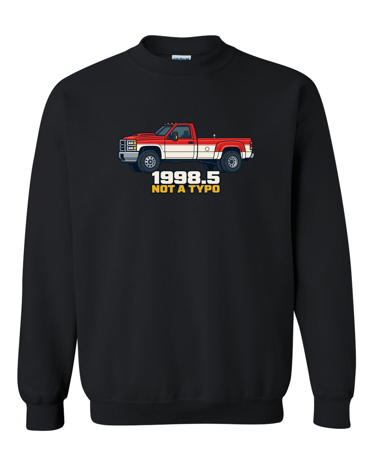 Flat vector poster print of a 1998.5-2002 Ram 2500 24V Cummins with 1998.5 Not A Typo text black crewneck front view with the design