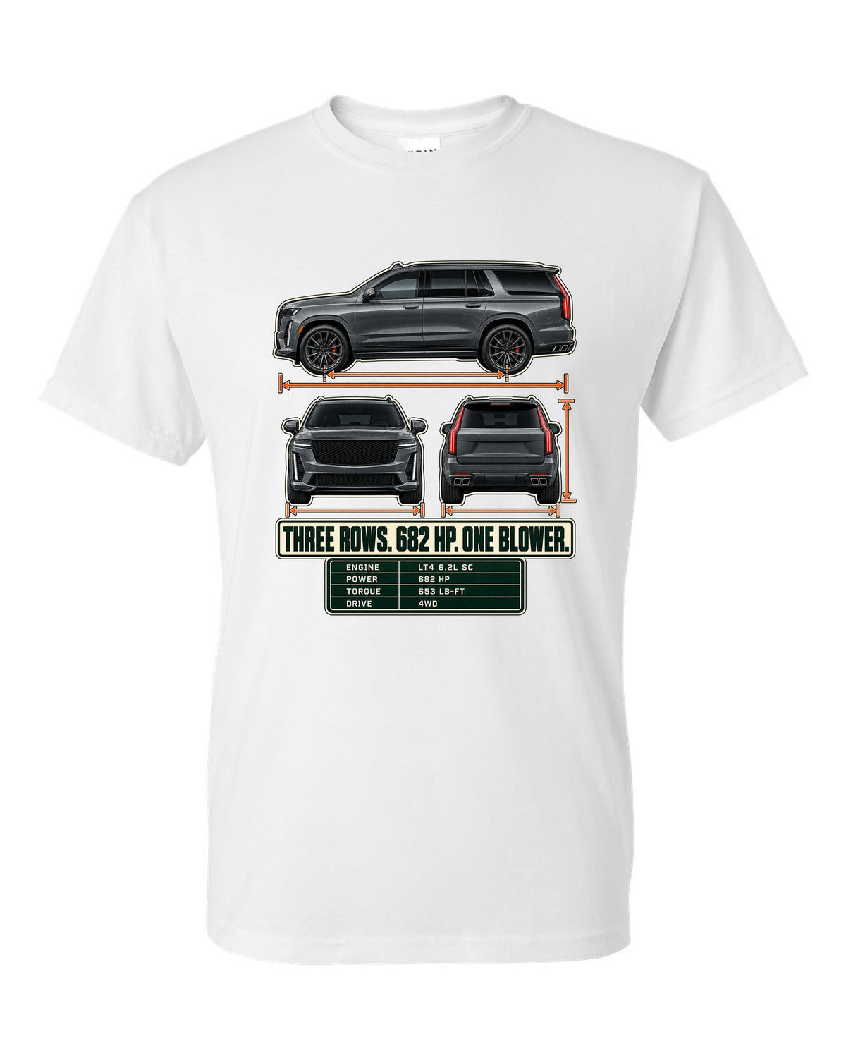 Three-view and spec table print of a 2023-25 Cadillac Escalade-V white t-shirt front view with the design