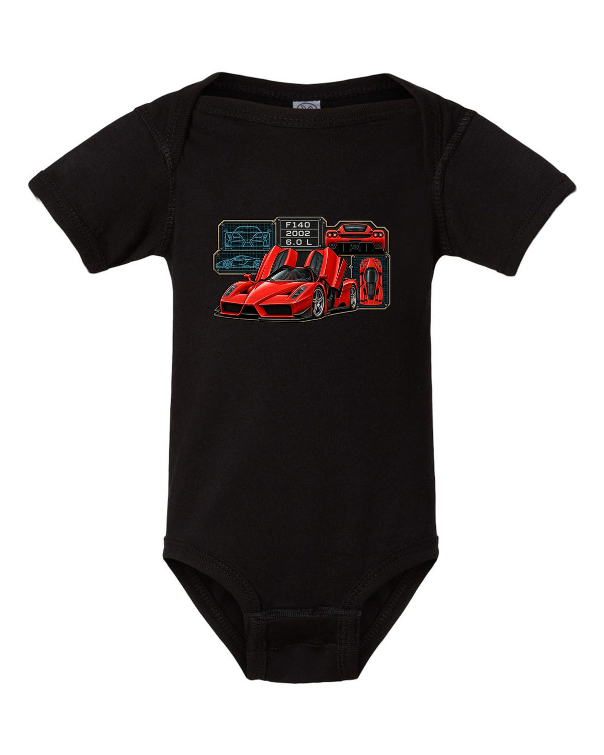 Spec-sheet data plate print of the Ferrari Enzo F140 with the text F140, 2002, 6.0 L black baby onesie front view with the design