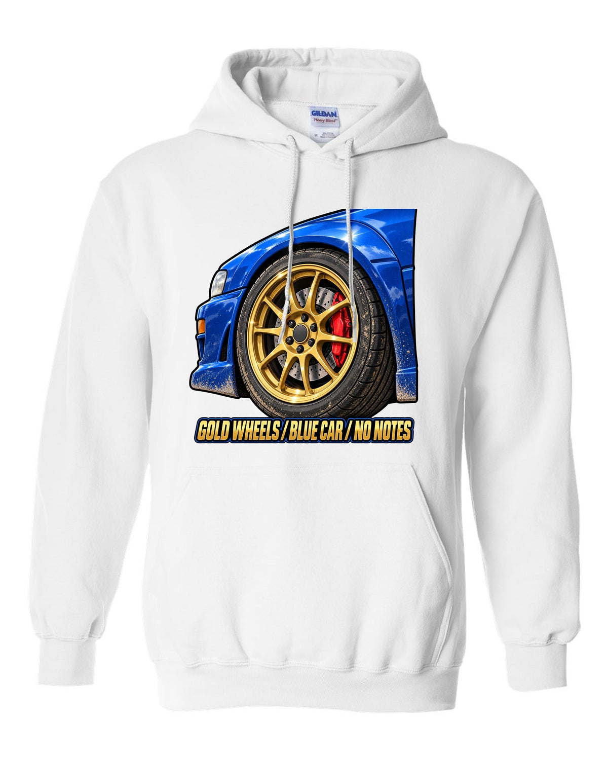 Subaru Impreza WRX GC8 painterly gold wheel close-up on a blue car, GOLD WHEELS / BLUE CAR / NO NOTES white pull over hoodie front view with the design