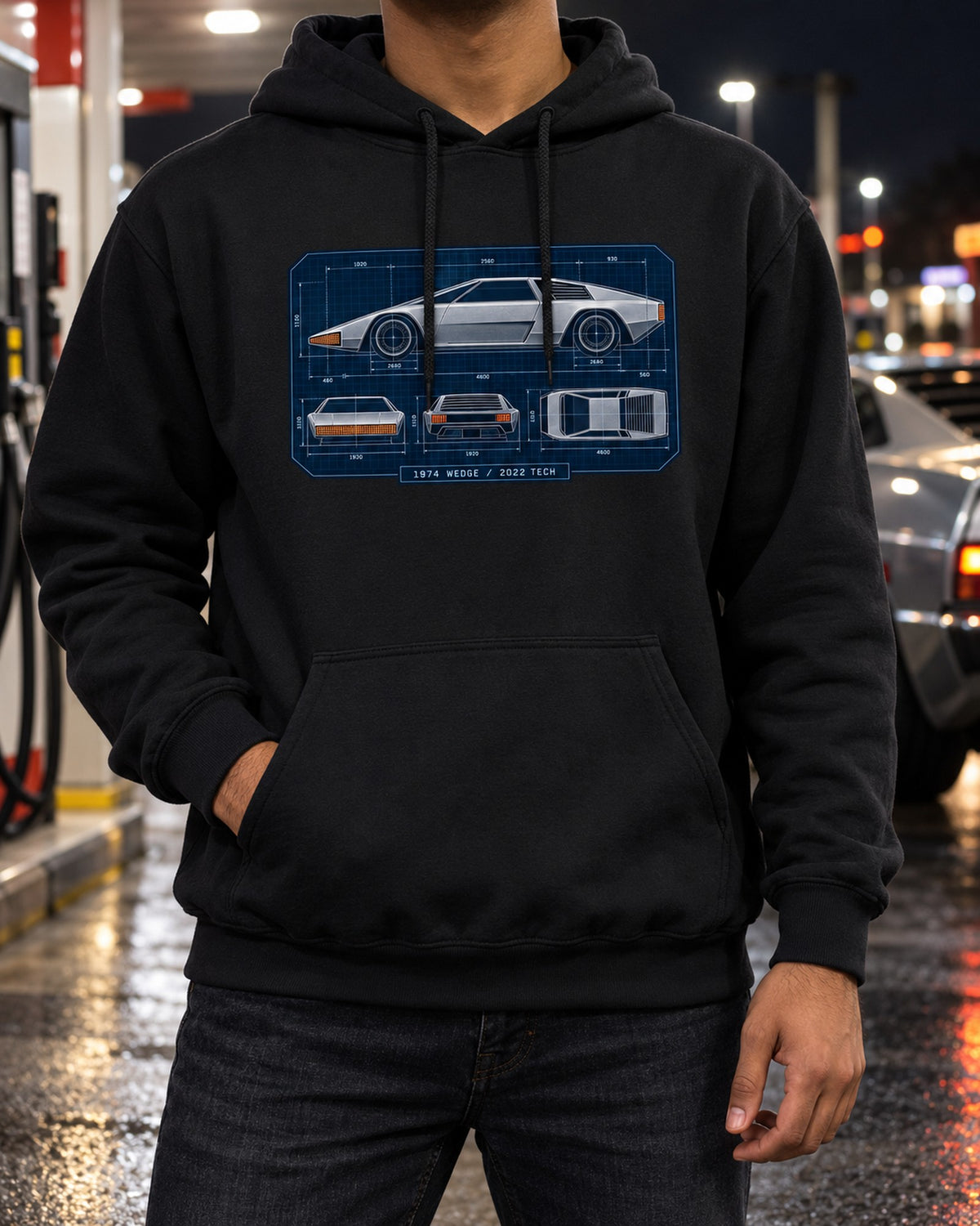 Hyundai N Vision 74 Blueprint Wedge Shirt, 2022 Concept Car Pull Over Hoodie Black worn hero