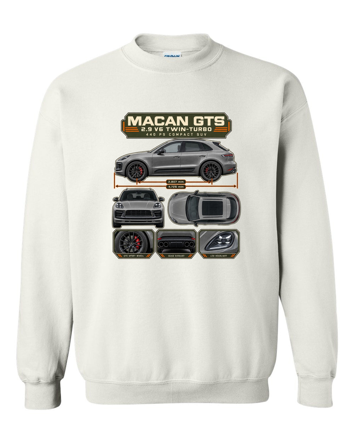 Porsche Macan GTS 95B Dossier Tee, 2.9 V6 Twin-Turbo white crewneck front view with the design