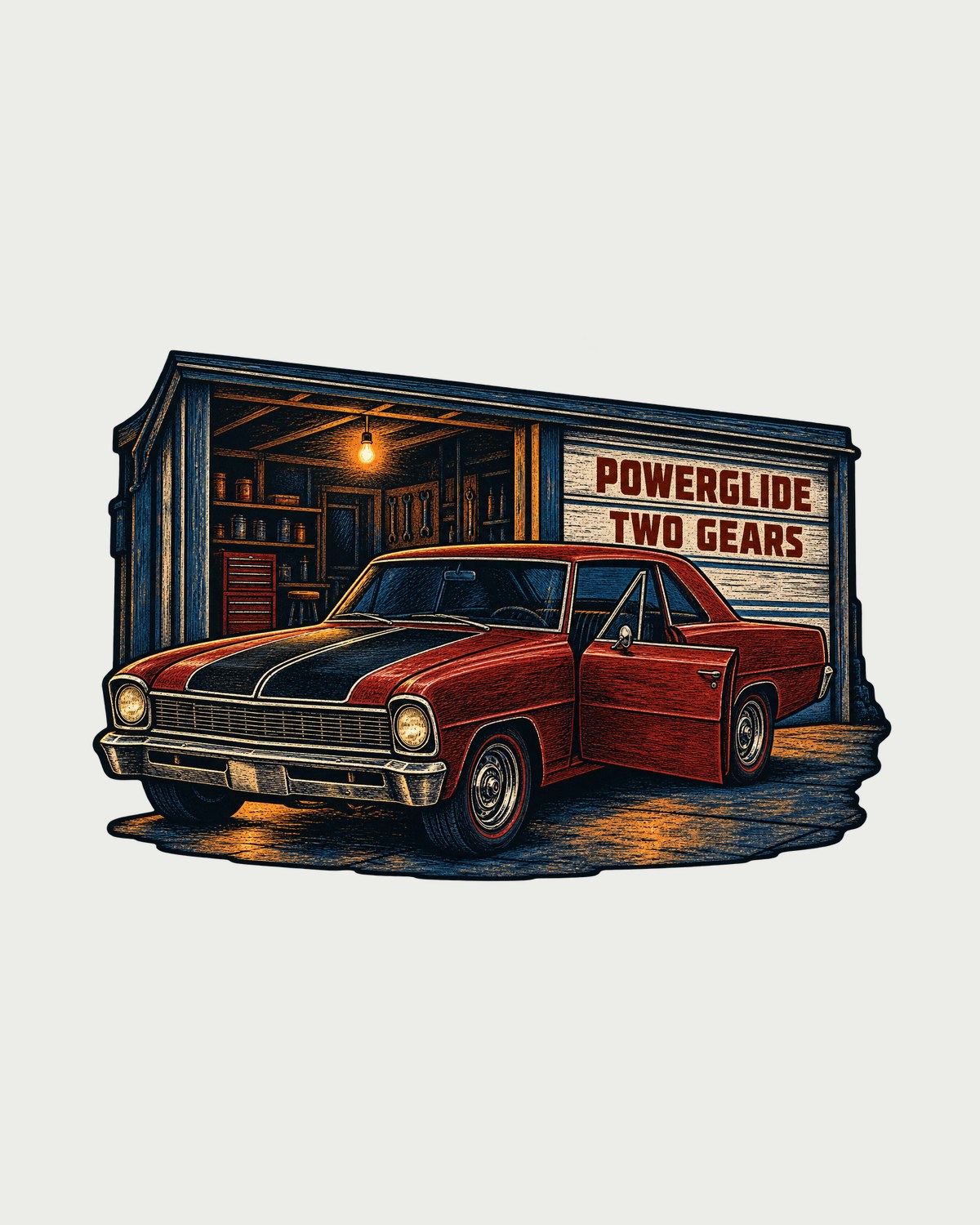 Chevrolet Nova 1967 Chevy II Linocut Shirt, Powerglide Joke design only