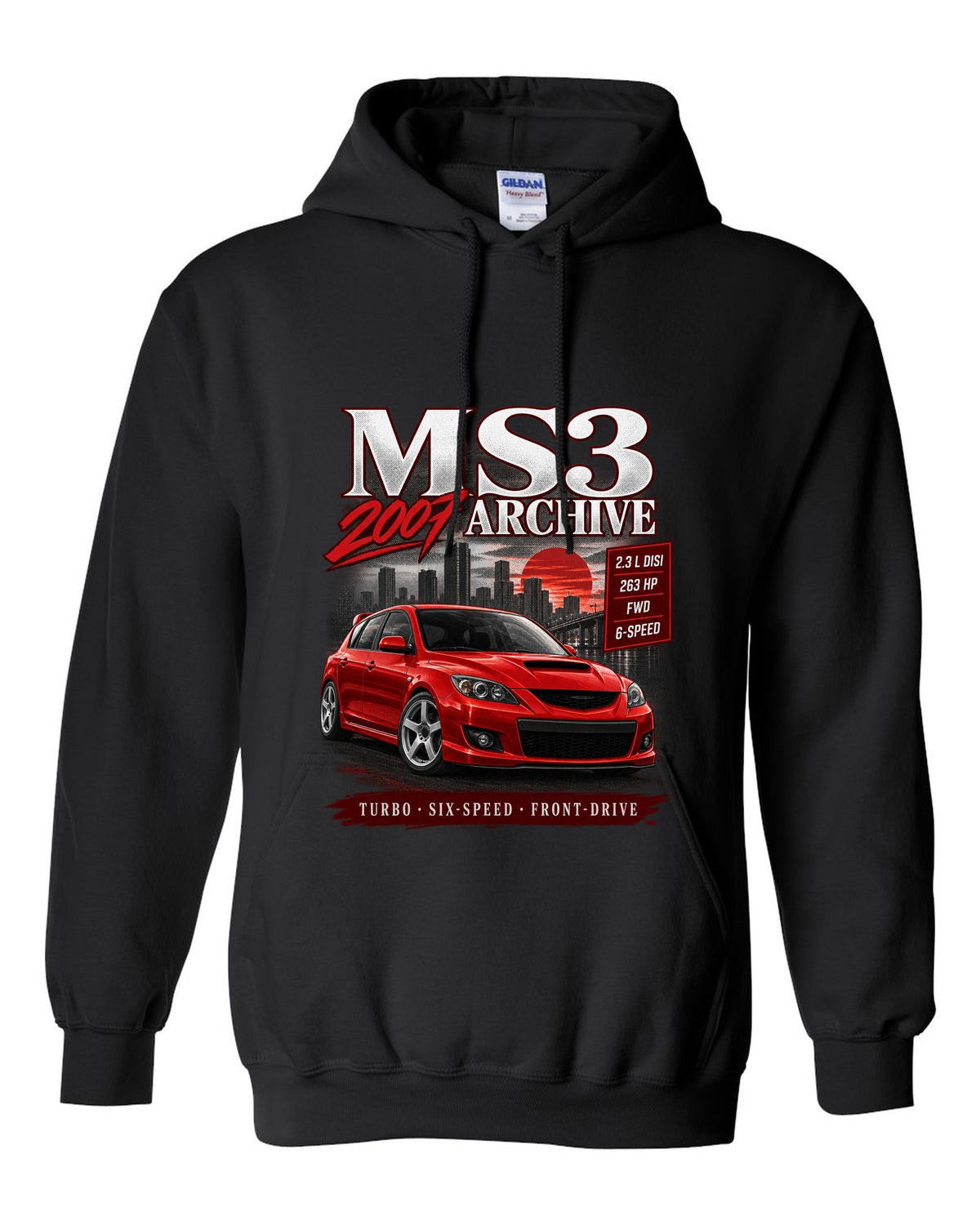 Mazdaspeed3 front three-quarter archive panel with MS3 Archive 2007 heading black pull over hoodie front view with the design