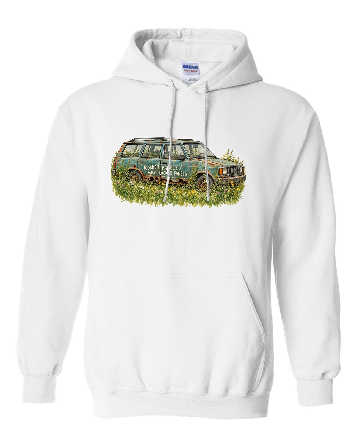 Watercolour print of a Jeep Cherokee XJ in a meadow with a rocker panel joke white pull over hoodie front view with the design