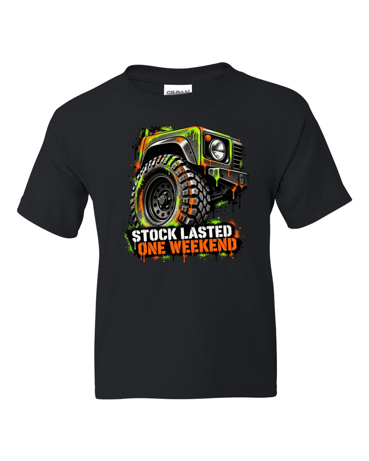 Jeep Wrangler TJ stencil spray street art design reading stock lasted one weekend black kids tee front view with the design