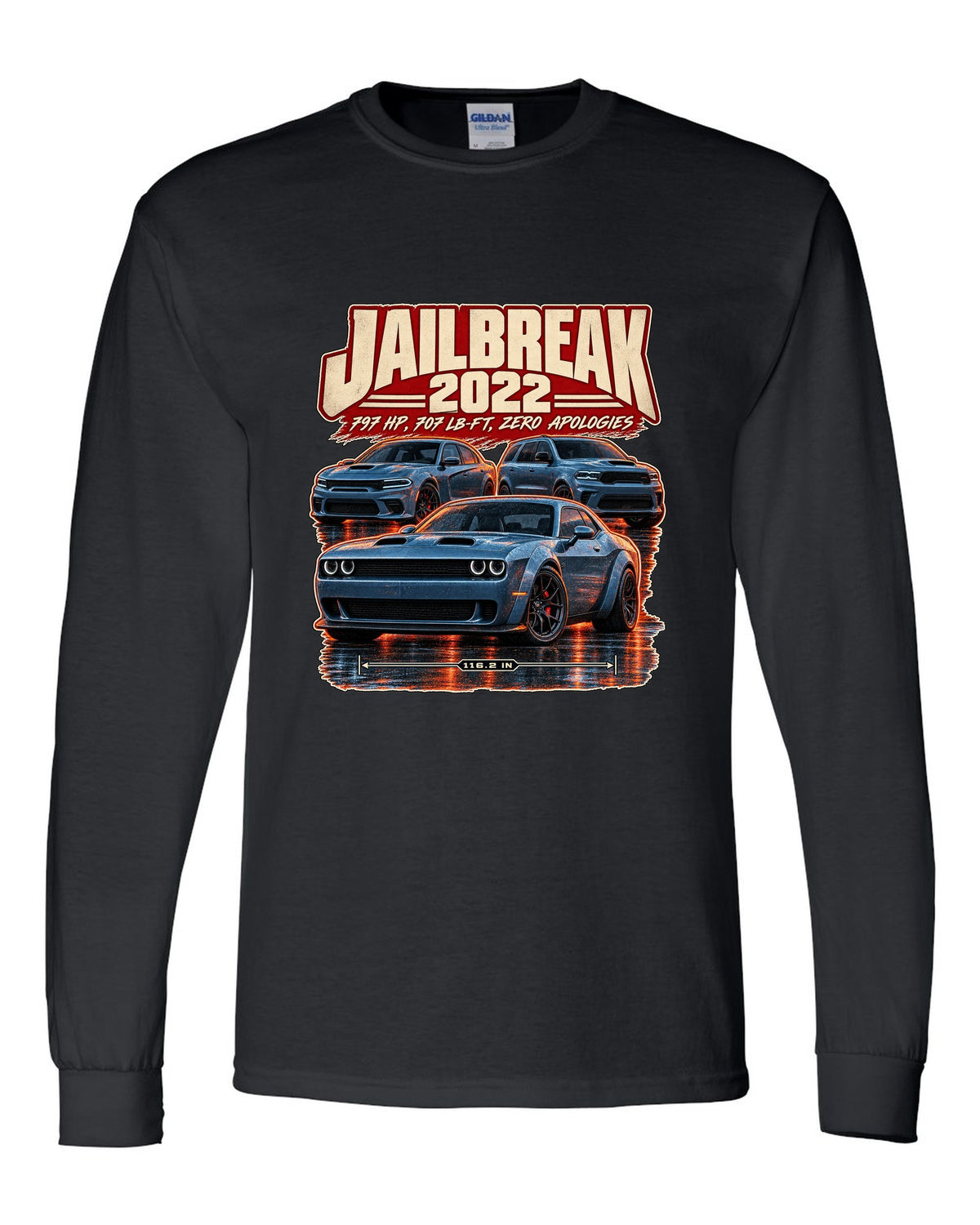 Dodge Challenger Hellcat Redeye Jailbreak 2022 street poster print black long sleeve front view with the design