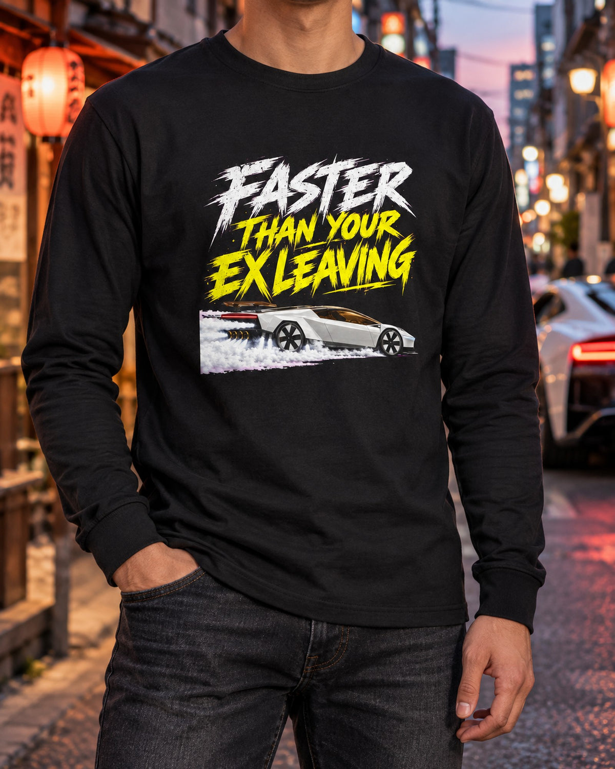 Faster Than Your Ex Leaving Tesla Roadster Shirt, Hoodie & More Long Sleeve Black worn hero