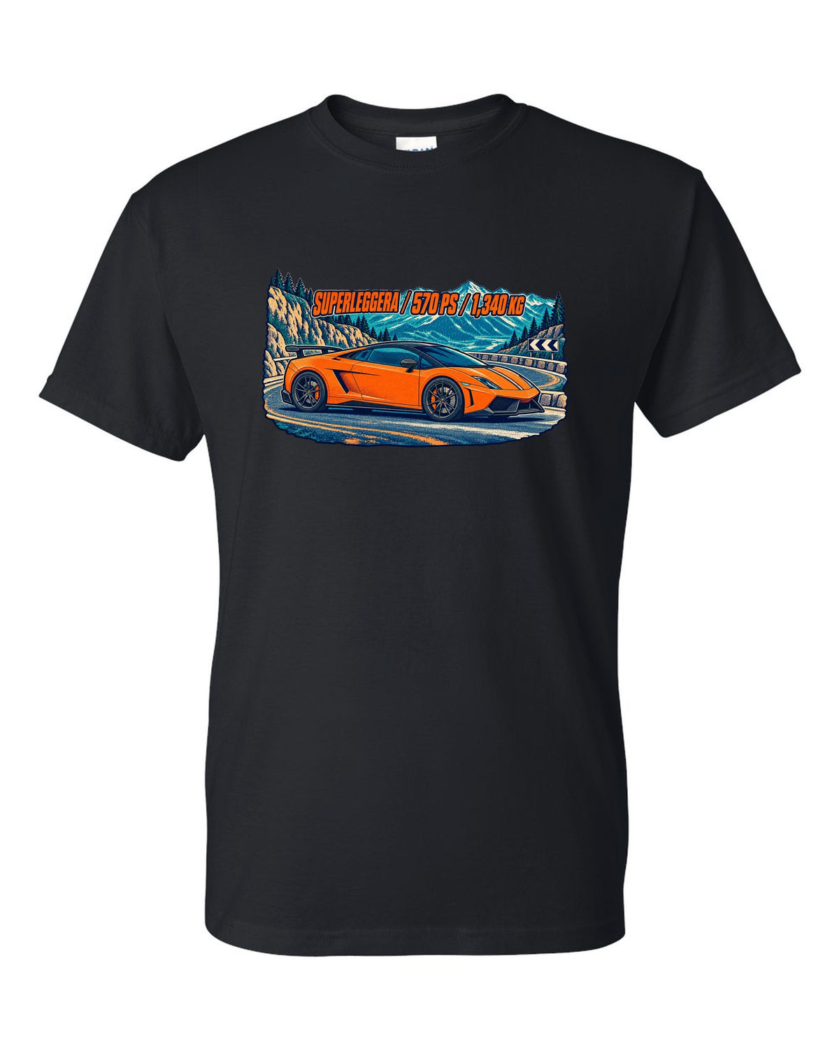 Three-colour risograph design of a Lamborghini Gallardo LP570-4 Superleggera on a mountain pass black t-shirt front view with the design
