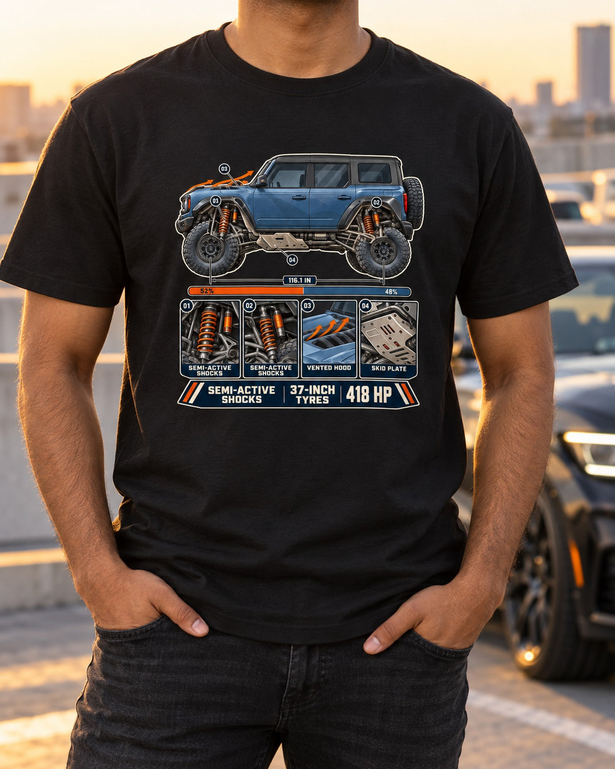 Bronco Raptor Suspension Callouts Tee, Off-Road Car Shirt T-Shirt Black worn hero