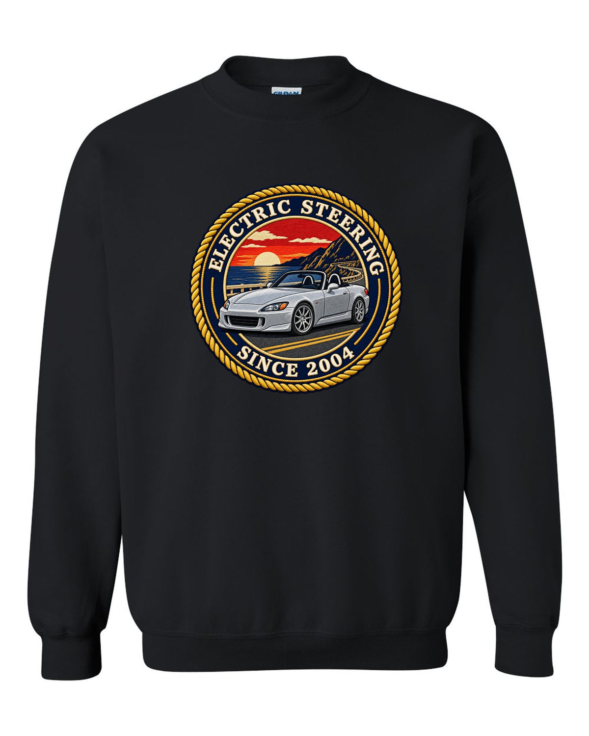 Embroidery-style round crest print of a 2004 Honda S2000 AP2 roadster black crewneck front view with the design