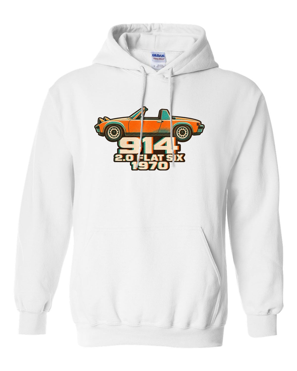 Porsche 914/6 risograph two-colour design with 2.0 flat six lettering white pull over hoodie front view with the design