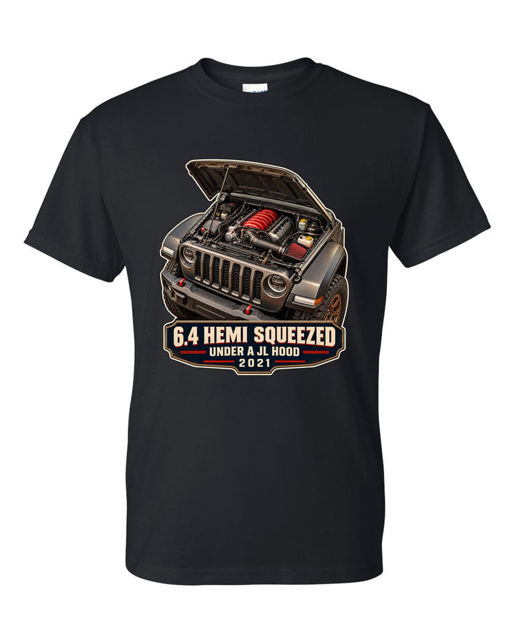 Engine hero print of the 6.4 HEMI in a Jeep Wrangler Rubicon 392 JL engine bay black t-shirt front view with the design