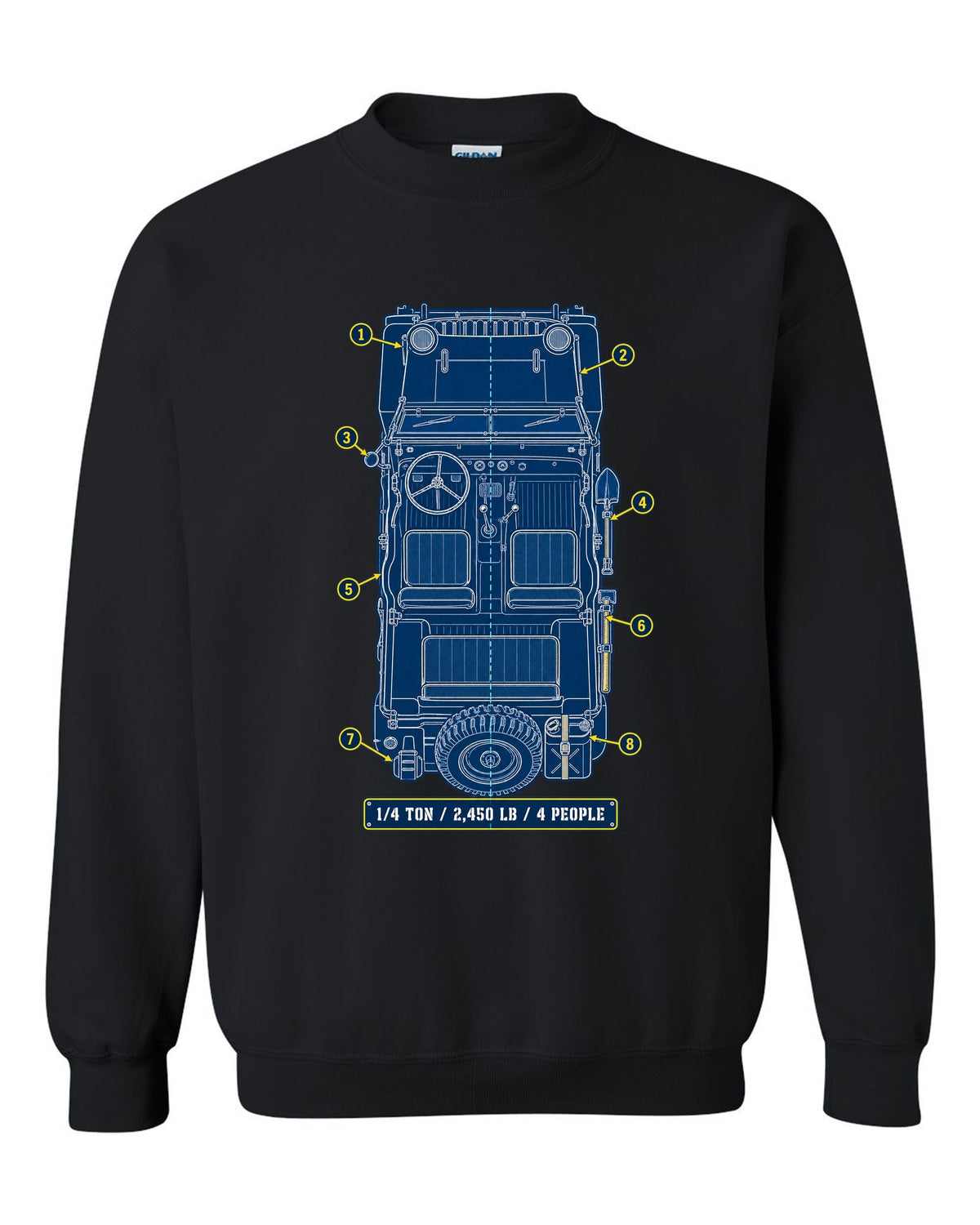 Cyanotype blueprint print of a Willys MB with field manual specs text black crewneck front view with the design