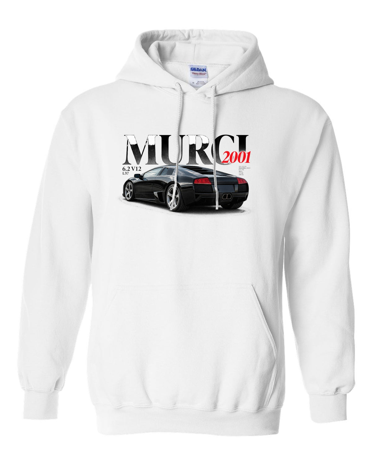 Editorial style print of a Lamborghini Murcielago L537 with 6.2 V12 and 2001 text white pull over hoodie front view with the design