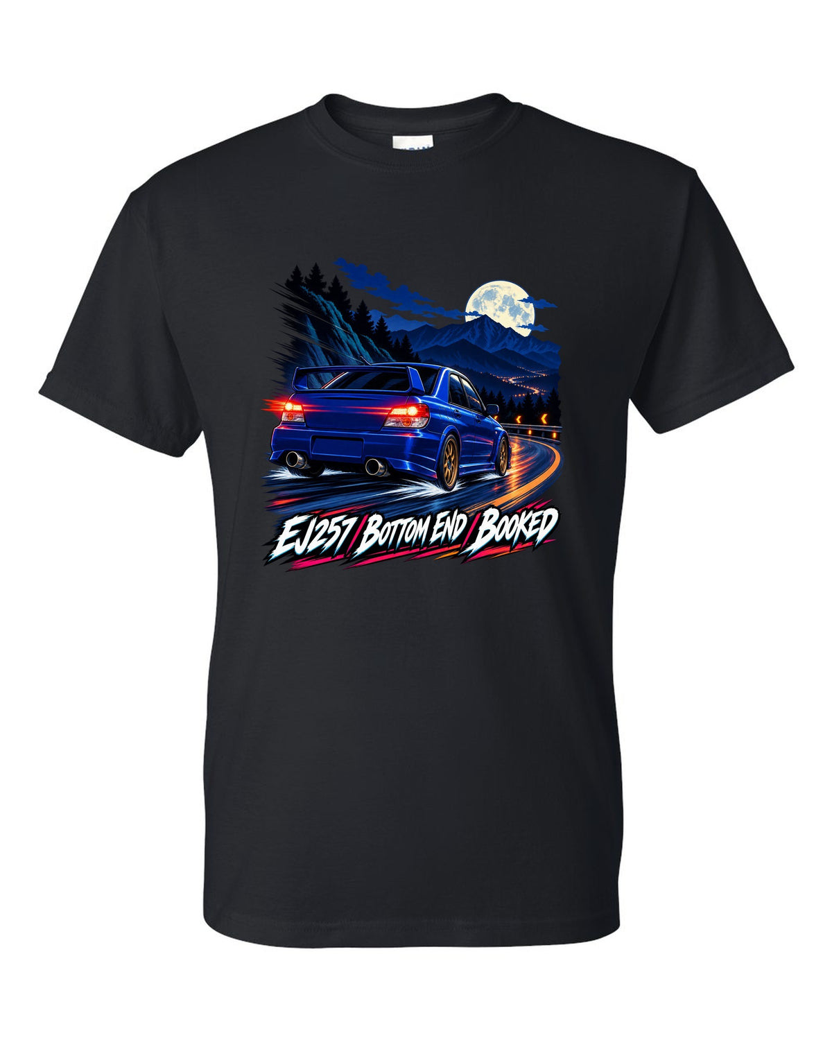 Racing-stripe livery print of a Subaru Impreza WRX GDB Blobeye black t-shirt front view with the design