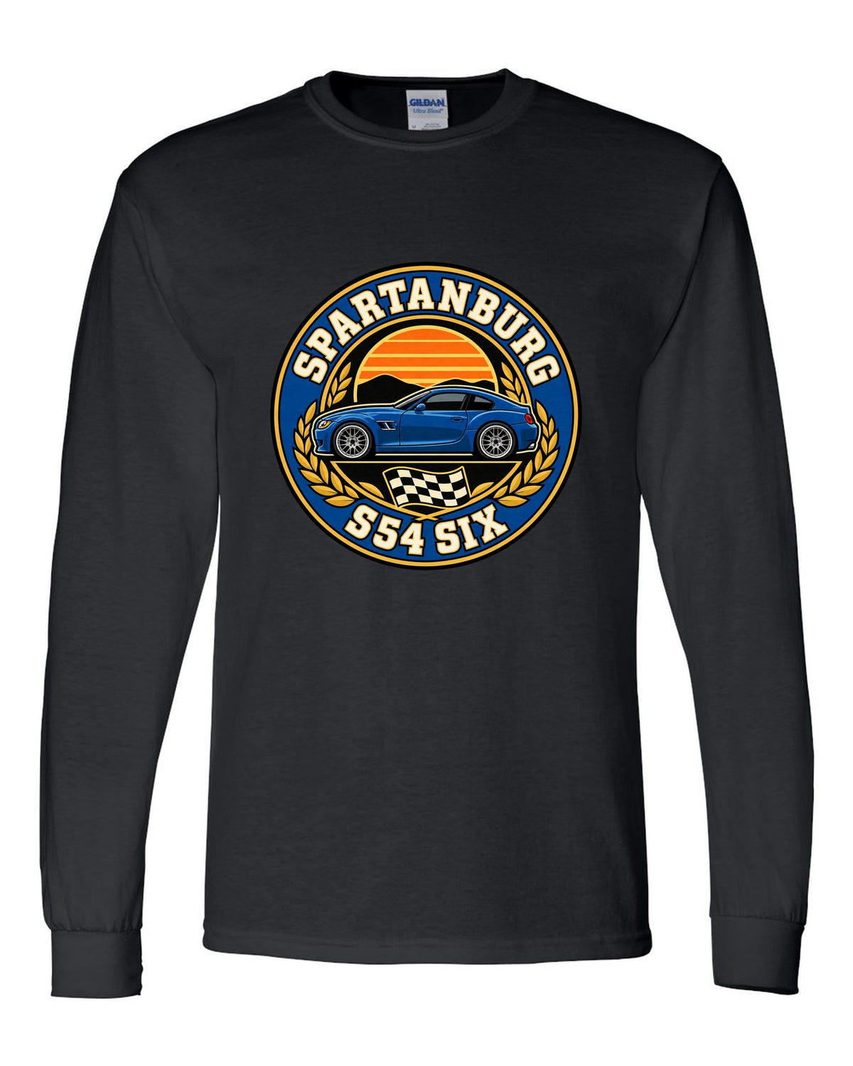BMW Z4 M Coupe E86 varsity crest print with Spartanburg S54 six text black long sleeve front view with the design