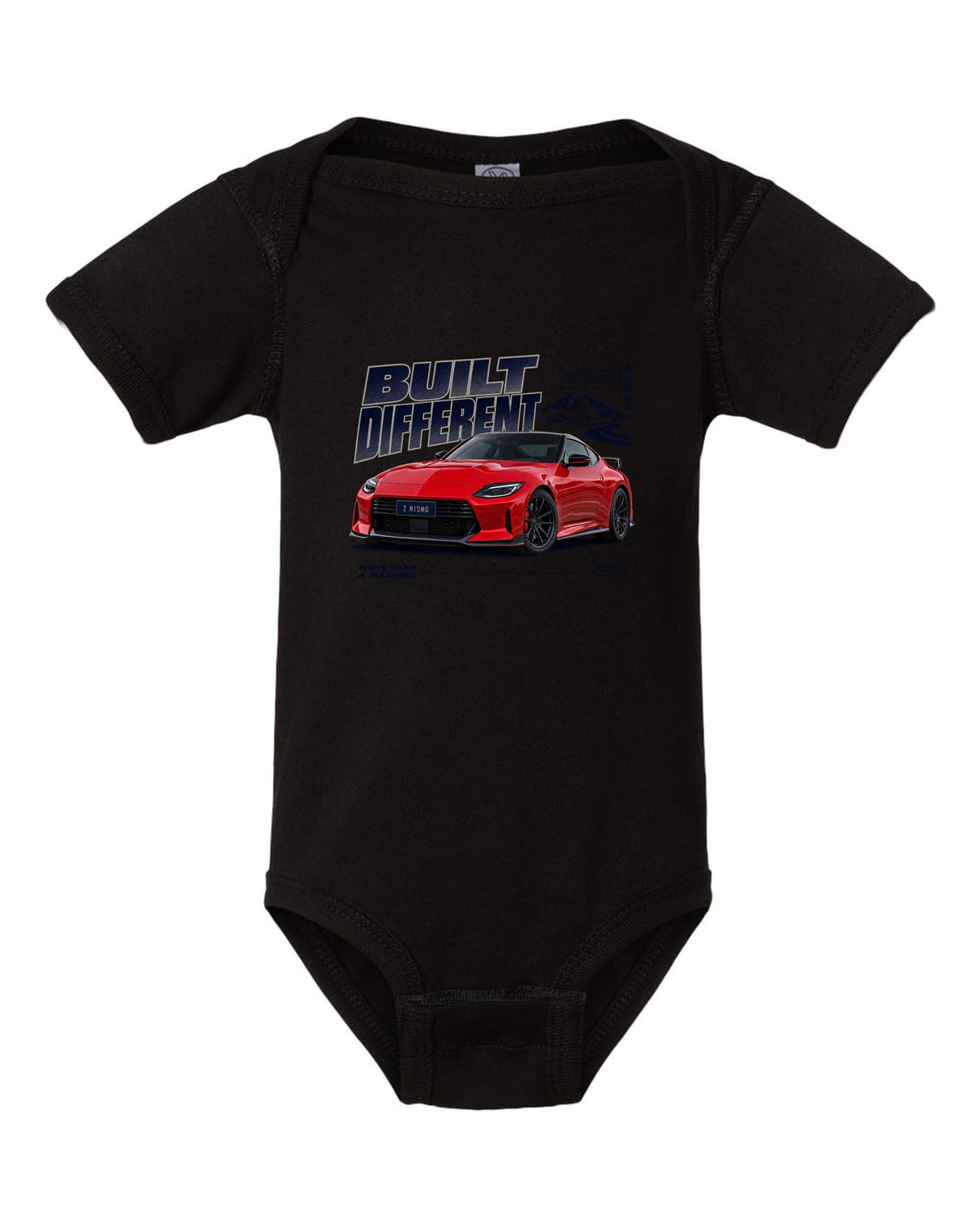 Dossier panels for a 2024 Nissan Z NISMO RZ34 in graphite and rust black baby onesie front view with the design