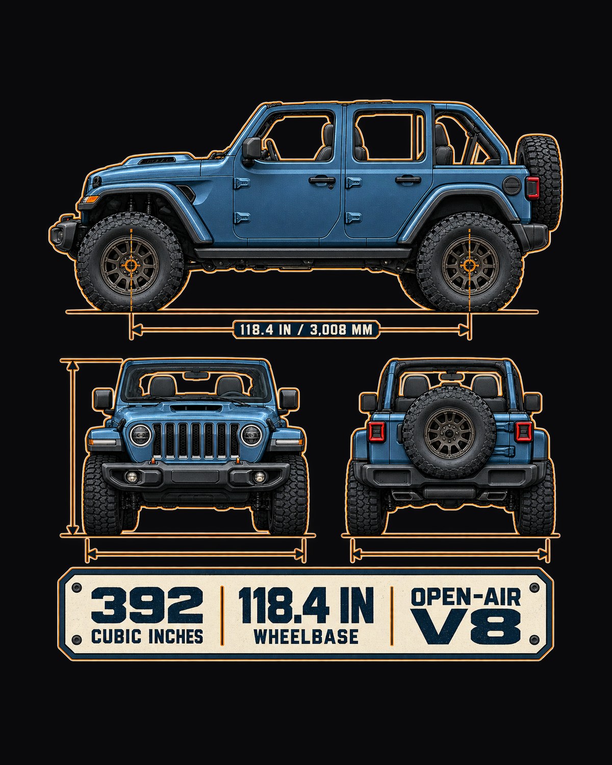 Jeep Wrangler Rubicon 392 JL Wheelbase Blueprint Tee, Jeep Gift design only