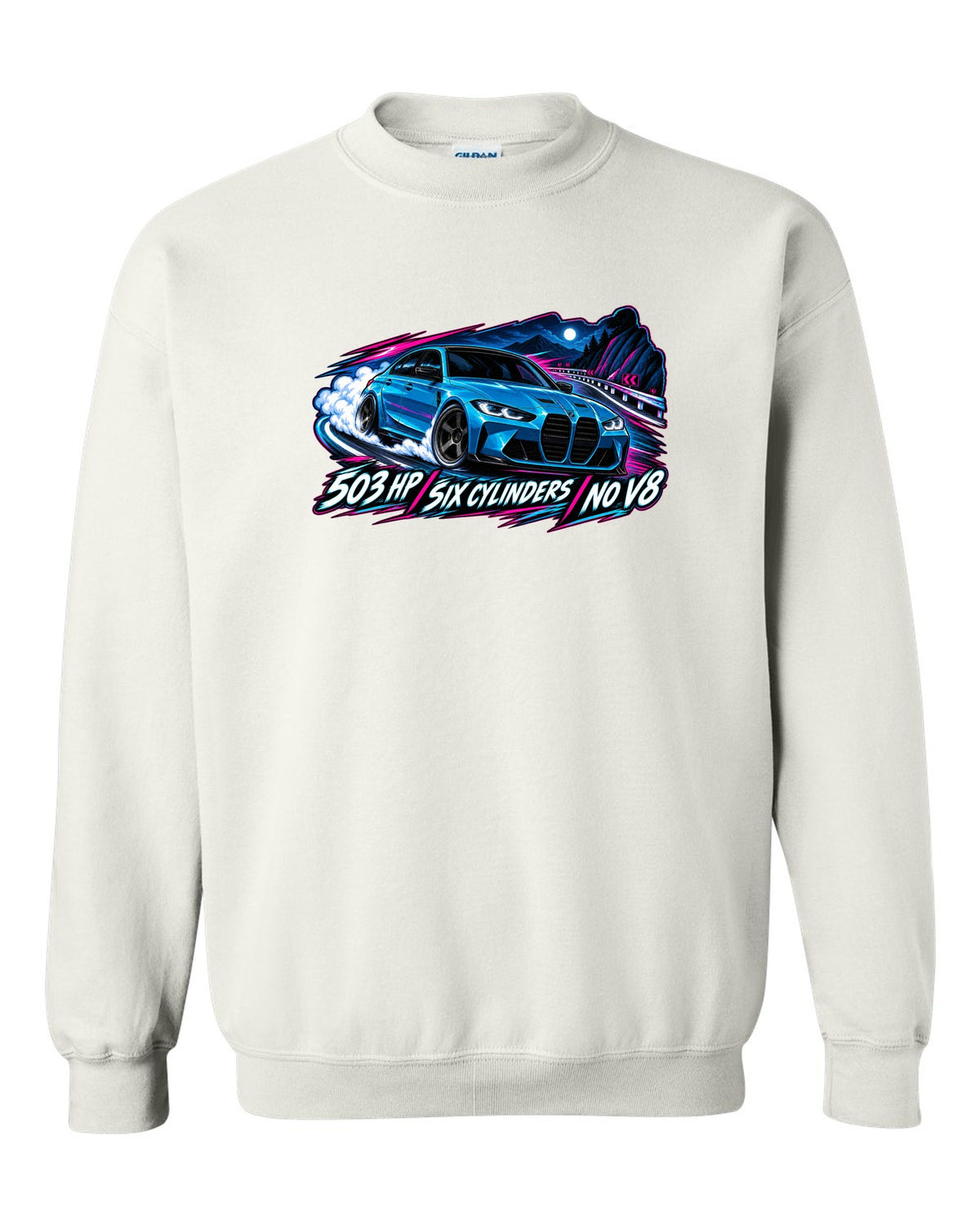 BMW G80 M3 Competition cel-shaded anime night touge print with 503 HP text white crewneck front view with the design