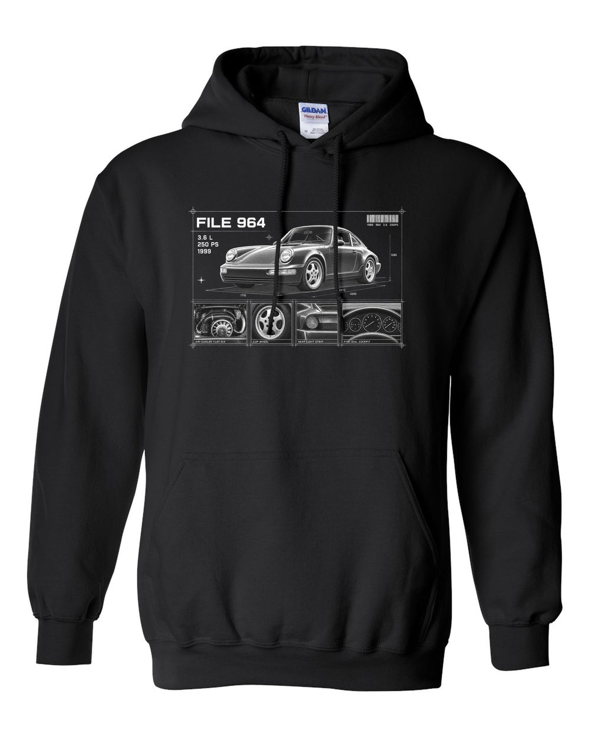 Dossier panel print of a Porsche 911 964 Carrera 2 with File 964 3.6 L 250 PS lettering black pull over hoodie front view with the design
