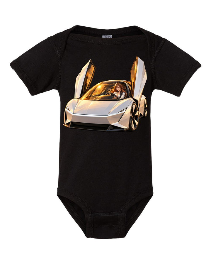 Tesla Roadster Golden Hour Anime Girl Baby Onesie Black front