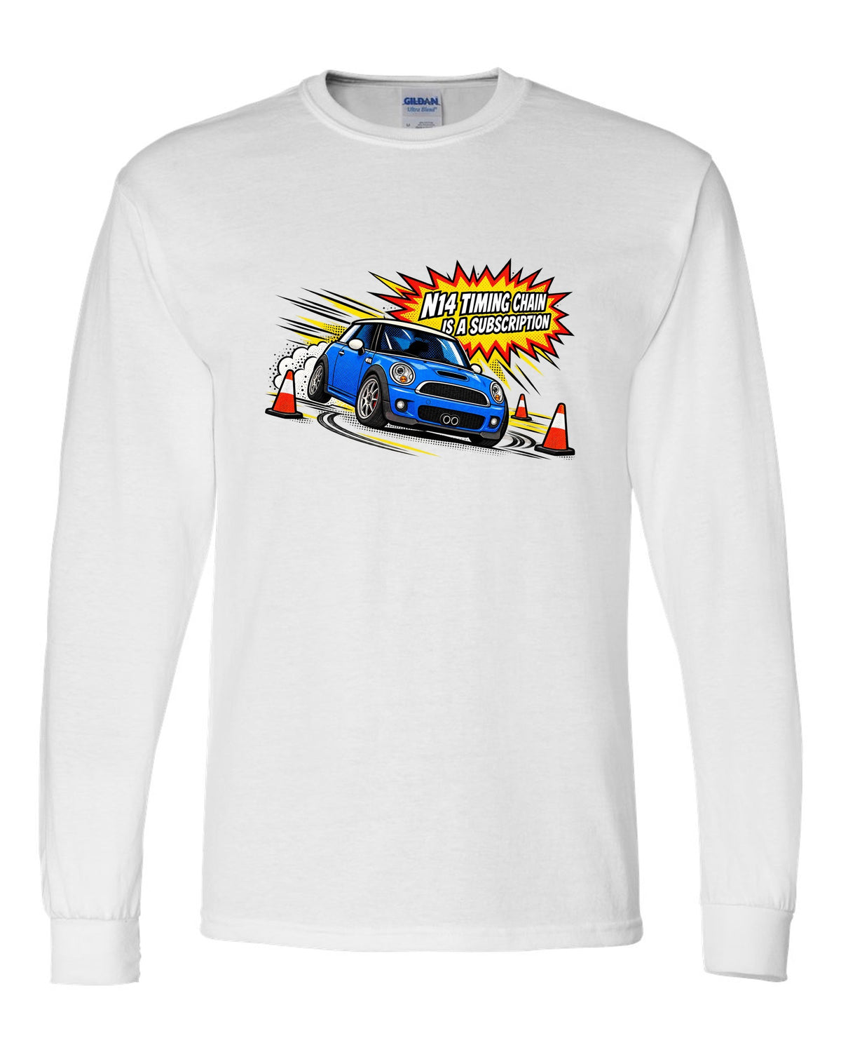 Comic halftone pop-art Mini Cooper S R56 with N14 timing chain joke white long sleeve front view with the design